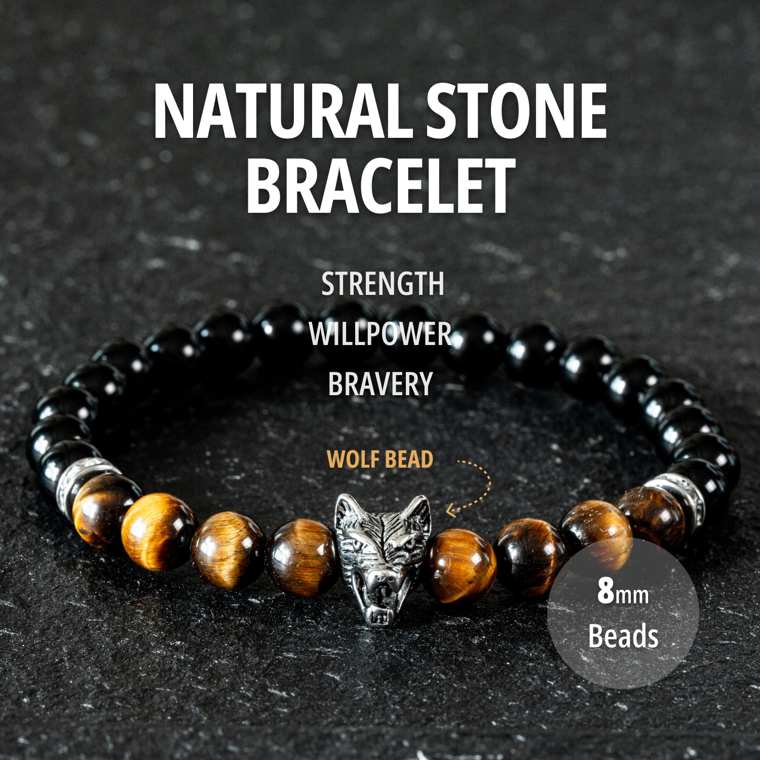 

Natural Healing Stone Tiger Eye & Obsidian Beaded Bracelet Wolf Head Charm for Man & Women Protection Bracelet Gifts for Friends