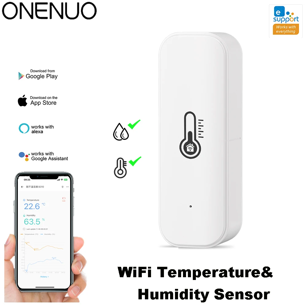 ONENUO WiFi-Temperatur- und Luftfeuchtigkeitssensor, Heimthermometer, kompatibel mit Alexa, Google Home Voice