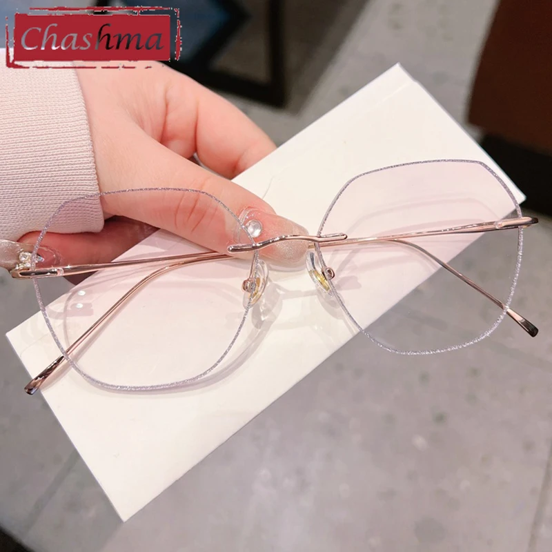 

Chashma Prescription Glasses Fashion Women Titanium Tint Color Recipe Lenses Eyeglasses Diamond Trim Rimless Eyewear for Female