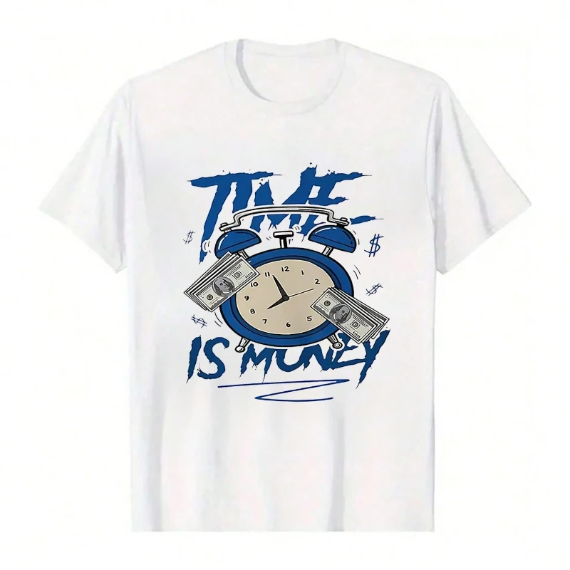 

Unisex Pure Cotton Round Neck Short Sleeve T - Shirt Time Is Money Graphic Basic Tee For Summer Men's Tops