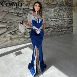 Dubai Kaftan Velvet Customized Evening Dress Applique Tassel V Neck Side Slit Women Arabic Formal Prom Dress вечернее платье
