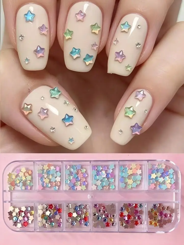 12pcs Summer Checkered Nail Stickers – Y2K Mocha Starfish & Star Pattern Decals with Rhinestones, Cute DIY Nail Art for Daily We