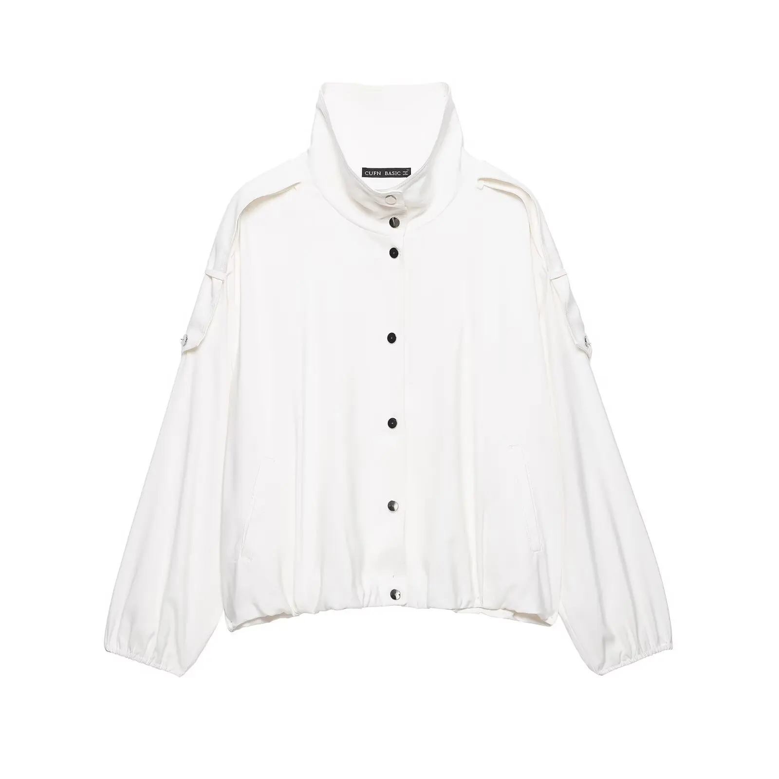 Women White Stand Collar Jacket Button Front Cargo Sleeve Pocket Loose Bomber Coat Casual High Neck Casual Outerwear Top