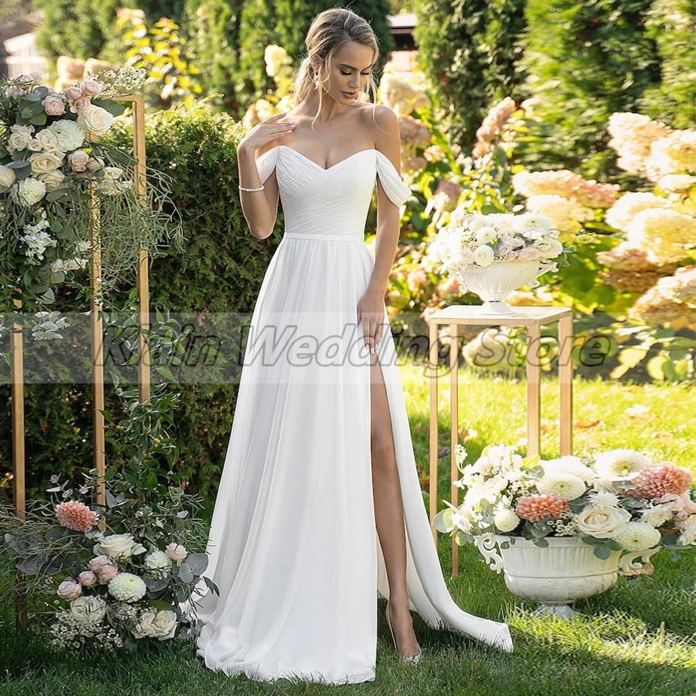 

Classic Chiffon Wedding Dress with Side Slit for Brides Sexy Sweetheart Off the Shoulder Bridal Sweep Train Lace Up Back