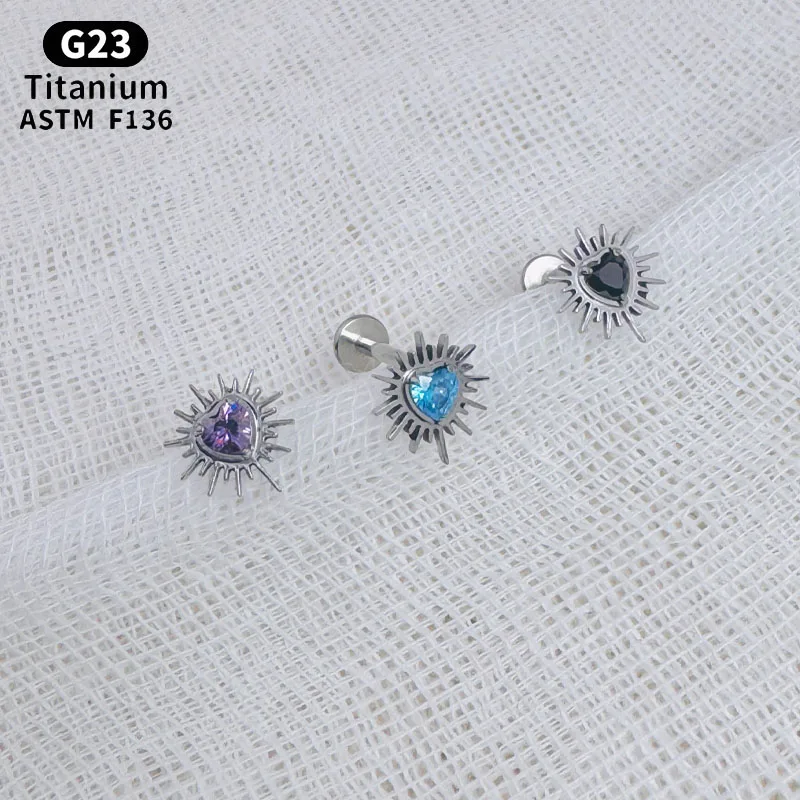 NORYAN ASTM F136 Titanium Heartbreak Flat Back Labret Nose Stud,16G Heart CZ G23 Cartilage Earring Helix Tragus Piercing Jewelry
