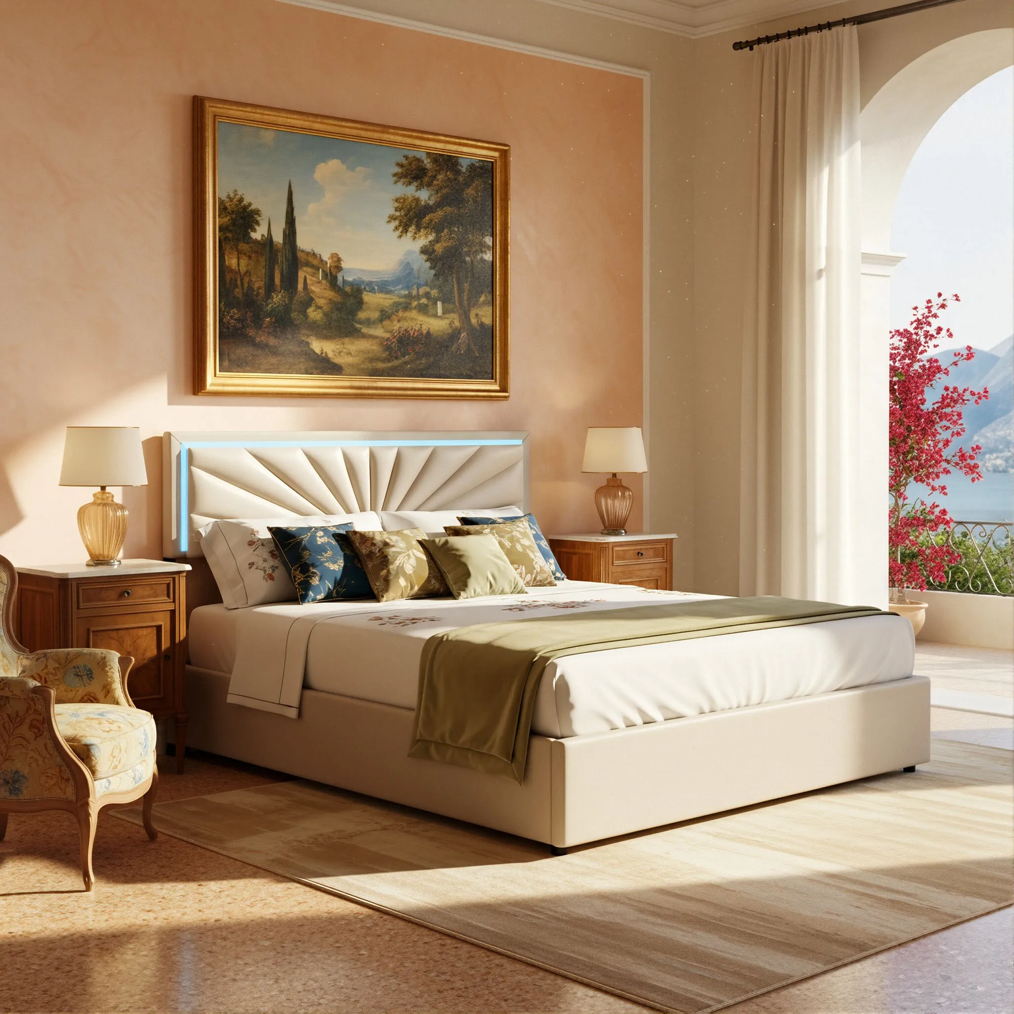 Letto imbottito 140x cm con 4 cassetti, testiera LED regolabile, struttura in tessuto con alette, contenitore, Beige