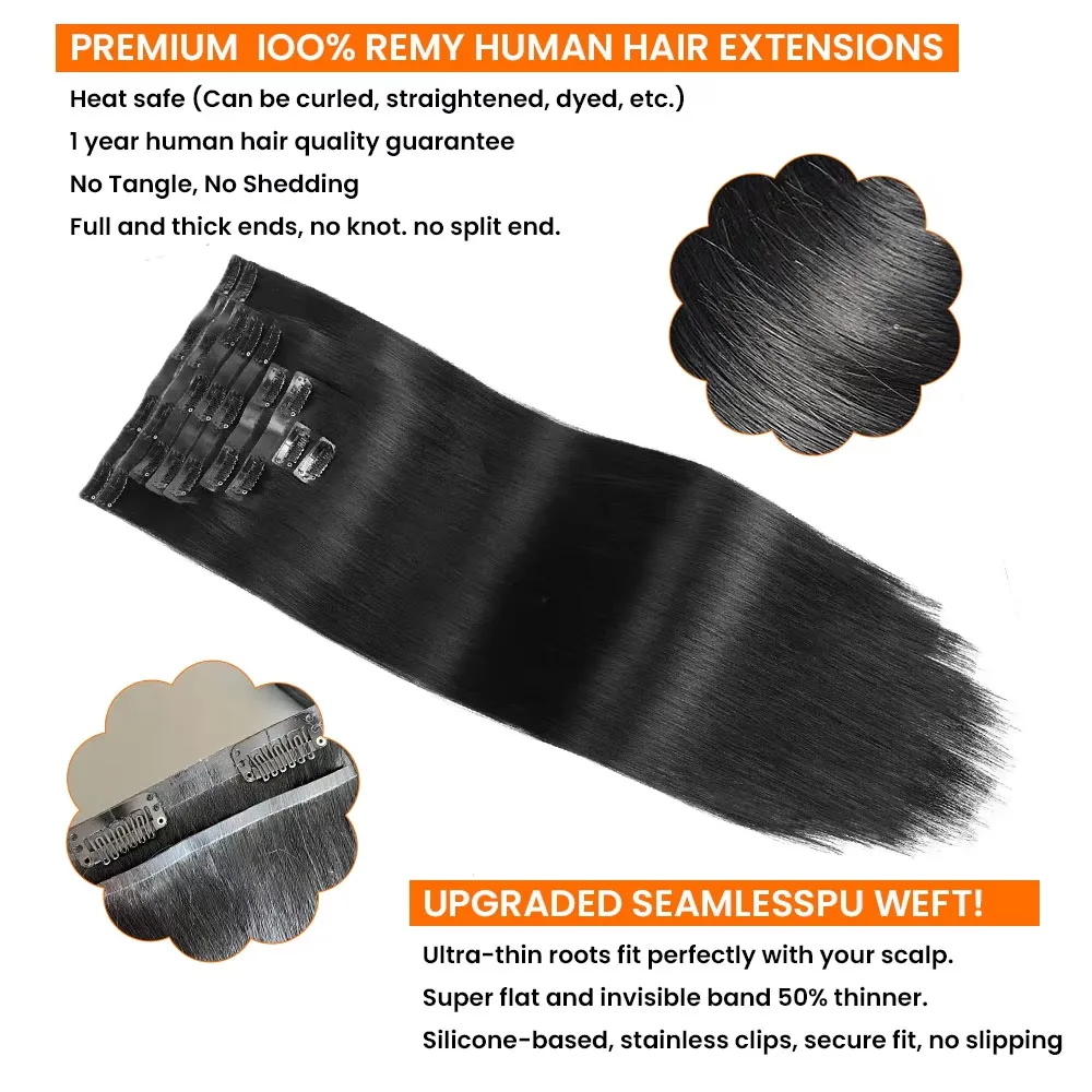 Clip dritta in PU nell'estensione dei capelli Colore nero naturale Clip di Remy brasiliana Ins Estensioni dei capelli umani al 100% 120G 9 pezzi Capelli veri