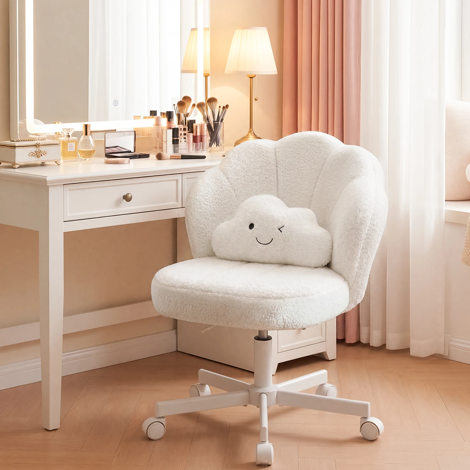 COMHOMA Chaise de bureau en forme de fleur avec roulettes, chaise de coiffeuse avec double dossier et coussin nuage, chaise pivotante réglable en hauteur, chaise de bureau pour chambre et bureau à domicile