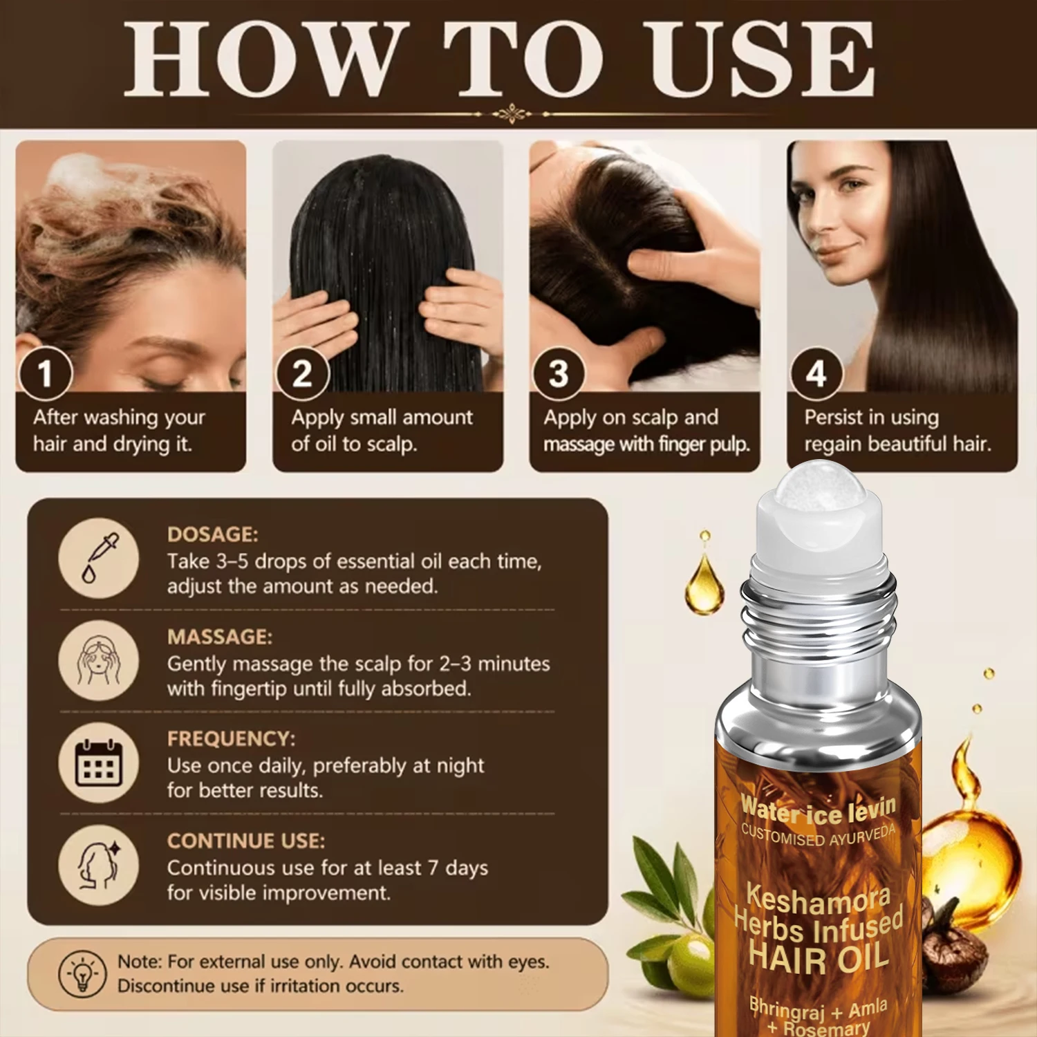 Water Ice Levin Keshamora Herbal Roll-On Hair Oil, Bhringraj Amla Rosemary Formula Hair Treatment Oil,8ml view 5