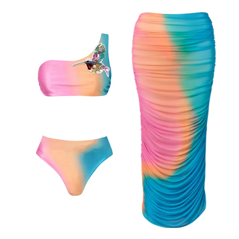 Maillot de bain à sequins brodés pour femmes, bikini et jupe, vêtements de plage, deux pièces, maillots de bain trempés