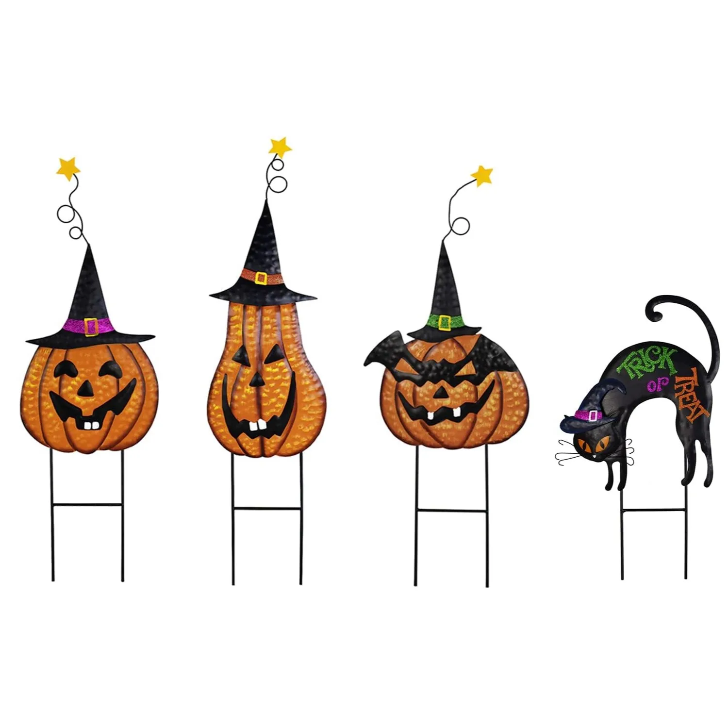 4pcs Halloween Garden Decorations, Metal Jack-O-Lantern Stakes with Witch Hat, Scary Black Cat Yard Sign Trick Or Treat Outdoor