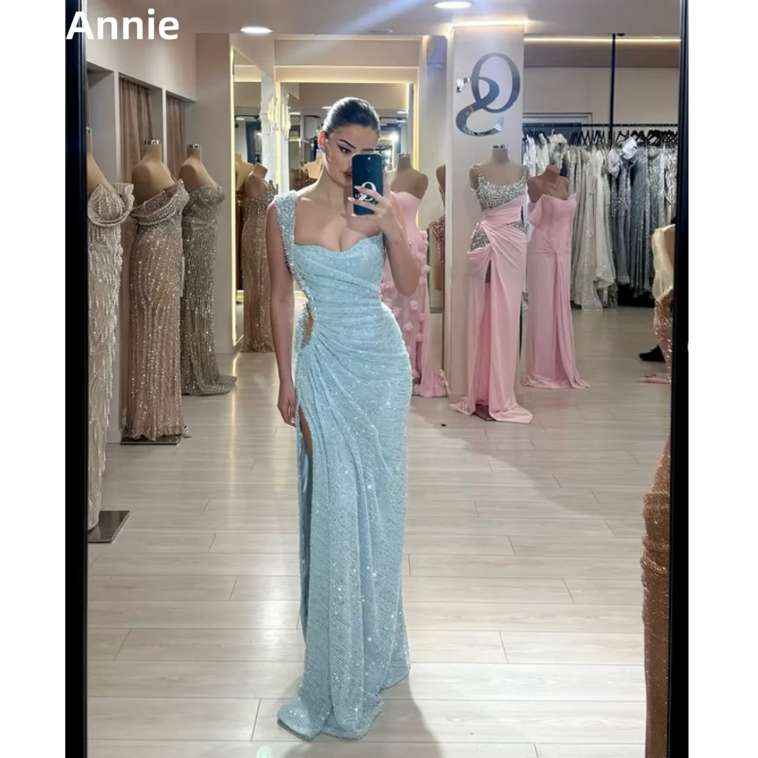 

Annie Light Green Prom Dresses Glitter Sequin Princess Evening Dresses Side SlitElegant Ladies Wedding Party Dresses