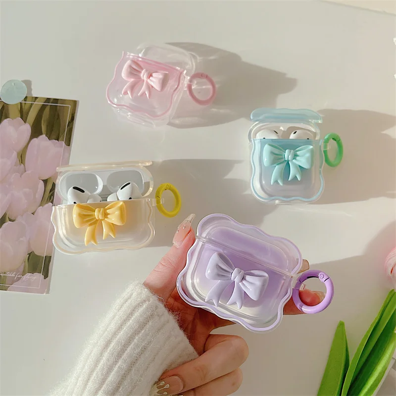 Korea Cute 3D Candy Color Bow Gradient Clear Earphone Case For Airpods 1 2 Pro Wavy Border Protective Soft Cover For Airpods 3