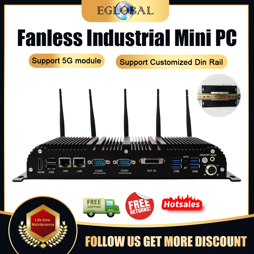 Eglobal New Din Rail Fanless Industrial Mini Pc With Intel Celron J4125 Core  i7-8565U  i5-10210U 5  i7-10510U 5 Antennas 6 Com