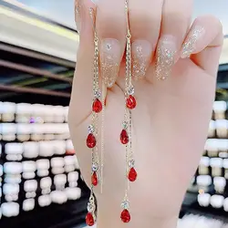 New 2025 Korean Long Red Zircon Ear Line Hang Crystal Dangle Earrings For Women Fashion Party Jewelry Christmas Gift For Girls