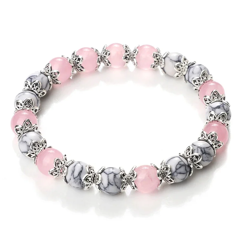 Bracelet en pierre Howlite blanche pour femmes et hommes, 8mm, breloque d'espacement en métal, Agates naturelles, perles de Quartz Rose, bijoux cadeaux