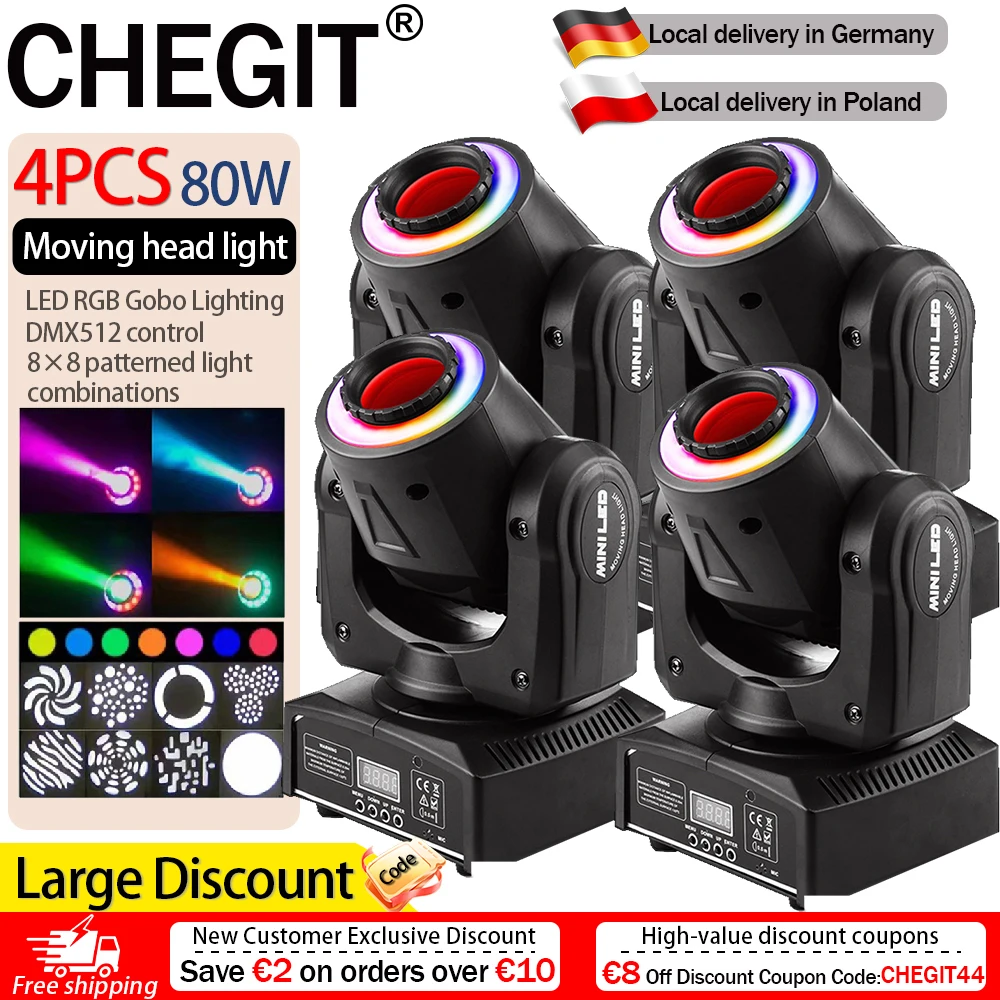 CHEGIT Pack de 4 projecteurs mini-mouvements de tête 80W, lumière de scène LED RGB à 8 motifs, projection de motifs, autopropulsé, activé par la voix, contrôle DMX512, pour DJ, bar, club, mariage, discothèque, fête, concert, pub, événement, spectacle, projecteur, anneau de couleur, éclairage de scène, expédié depuis la Pologne