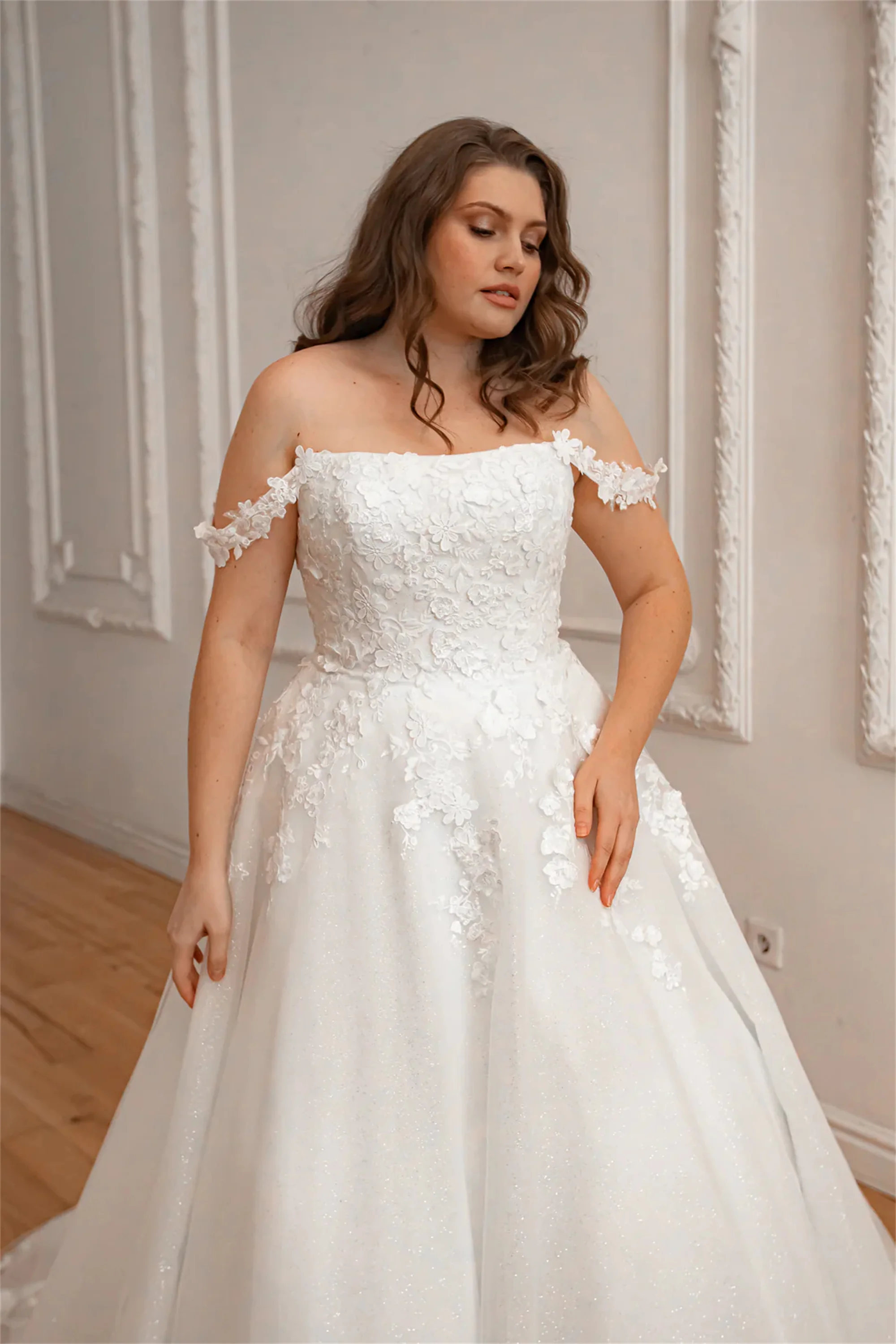 Glitter Tule Ivoor Plus Size Trouwjurken Elegante Applique Oversize Bruidsjurken Boothals Robe De Mariée EVON BRIDAL Custom