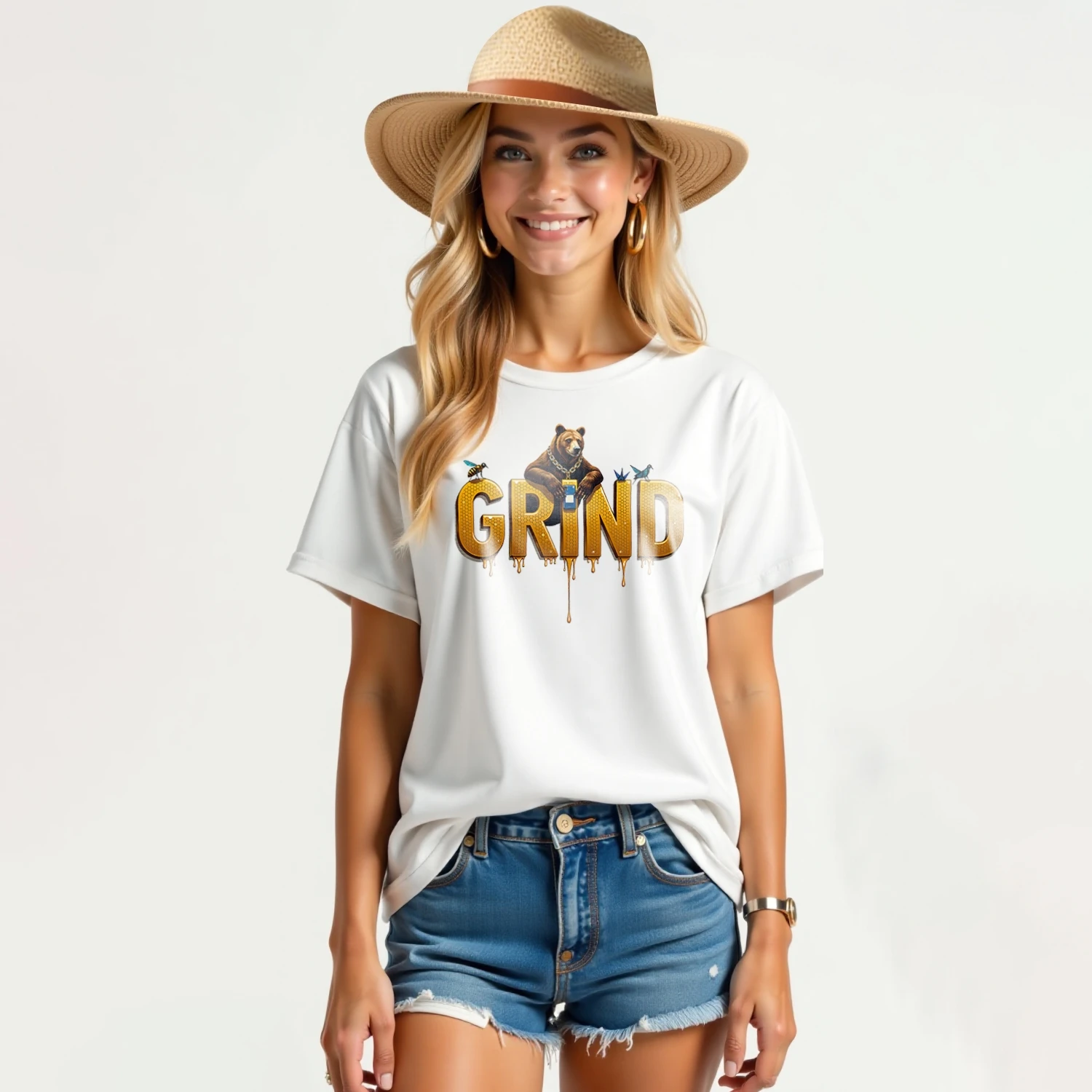 GRIND Bear Bee New Summer Cotton Female Short-Sleeved O-neck Soft T-shirt Tee Unisex Oversized Tshirt Tee Sarcas Graphic Design
