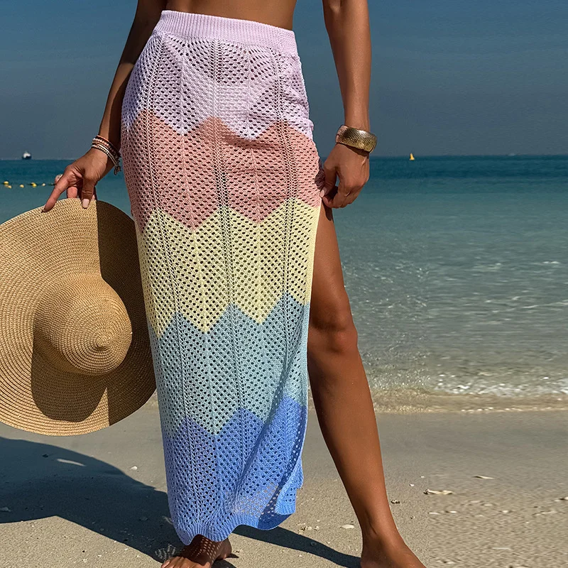 하이웨이스트 섹시 사이드 슬릿 밴디지 스커트 비치 스트라이프 니트 롱 드레스 크로셰 비키니 커버업 살롱 랩 수영복