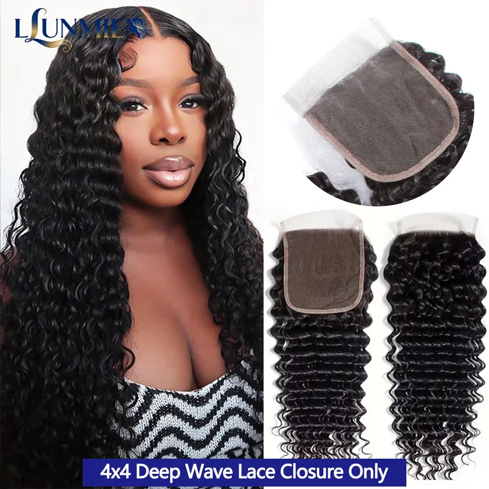 Deep Wave 4x4 Closure Human Hair,Tissage Closure,Mèches Avec Closures,Tissage Bresilien Bouclé,Cheveux Humains,HD Lace Closure