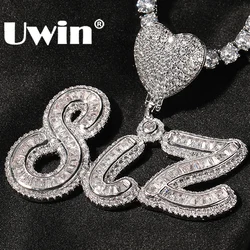 UWIN Custom Name Necklace with Heart Bezel Iced Out baguettecz CZ Charms Tennis Chain Cursive Nameplate Necklace Fashion Jewelry