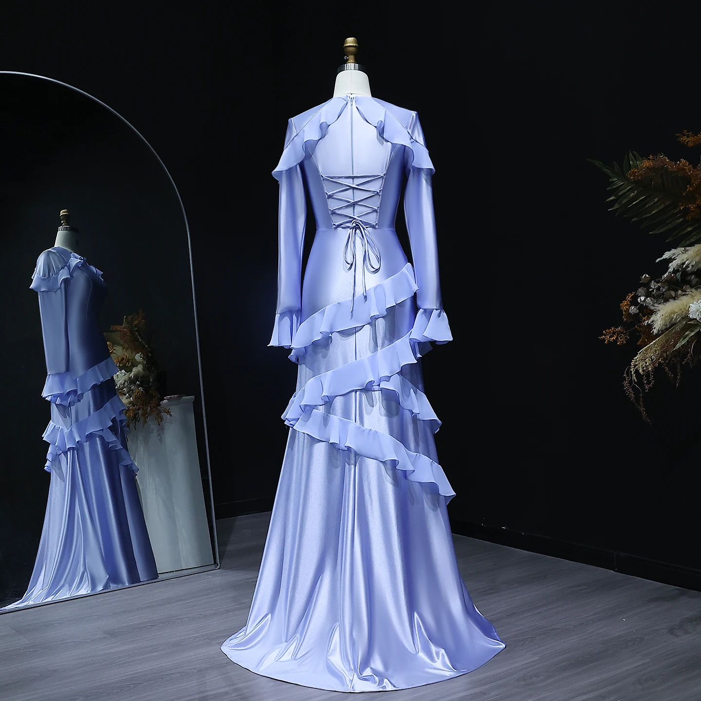 Sharon Said Abiti da sera a sirena con volant blu e maniche lunghe per le donne Abito da cerimonia nuziale SF585 Personalizzato فسات evimavera