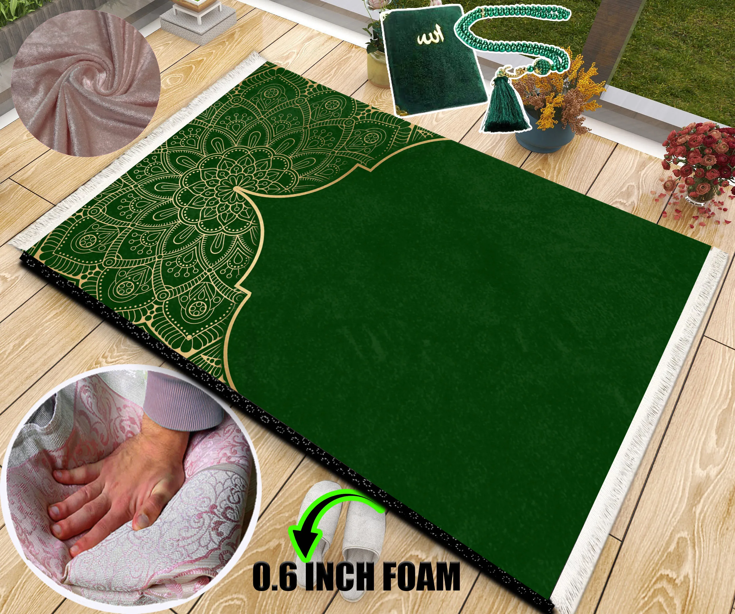 

Extra Thick Foam Padded Turkish Green Gold Prayer Rug, Luxury Yaseen, Soft Praying Mat Carpet & Pearl Tasbeeh, İslamic Gift Set