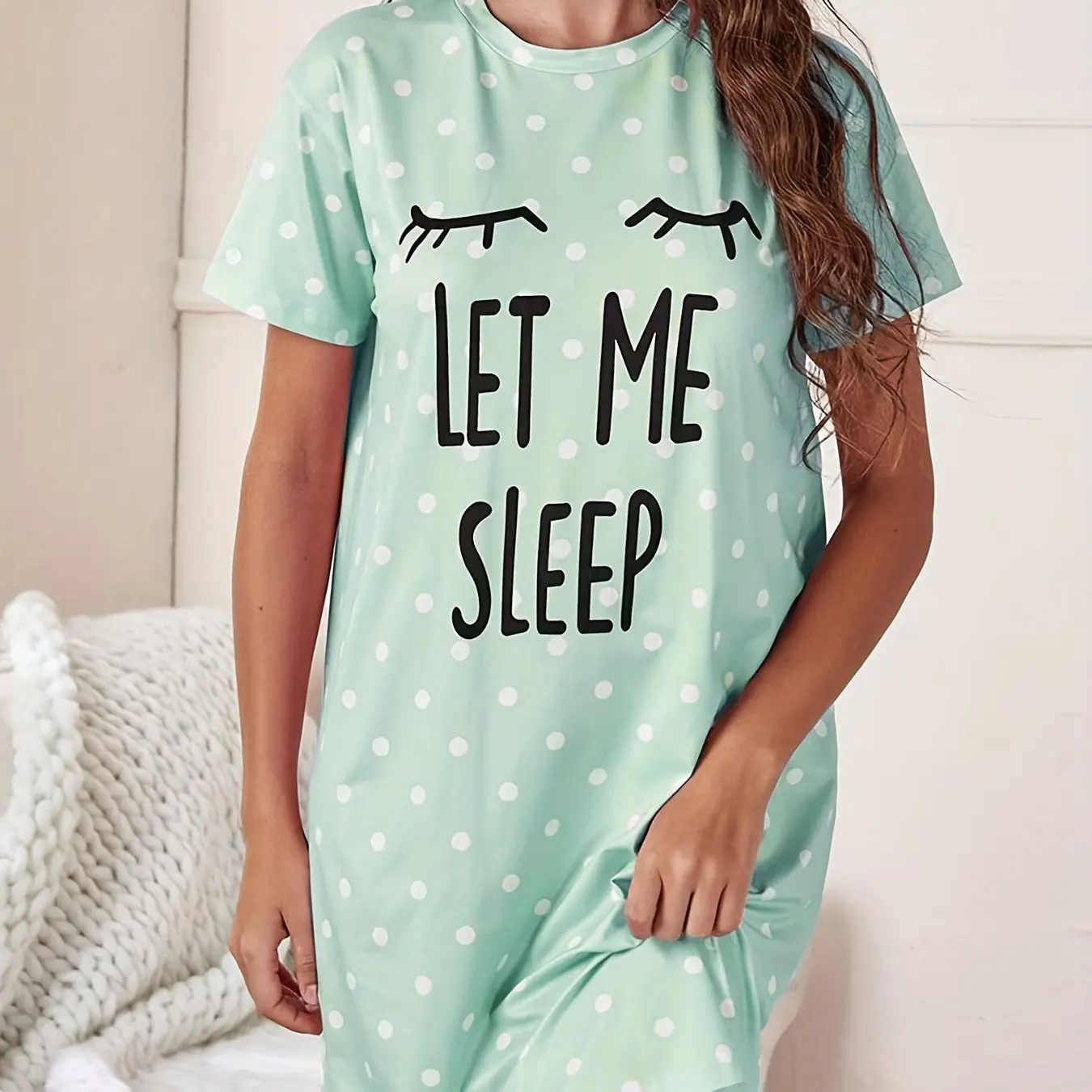 Let Me Sleep Printed Plus Size Women's Nightgowns Home Ice Silk Dresses Short Sleeve Dresses Pajamas for Girls with Large Busts