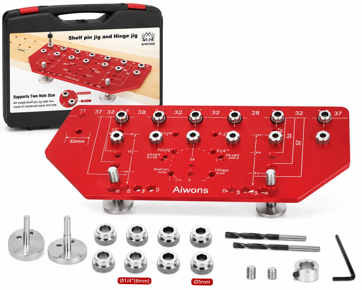 

Shelf Pin Jig and Hinge Jig Kit, All-Metal Cabinet Hardware Drilling Guide with 5mm and 1/4" Drill Bushings, Adjustable Woodworking Hole Jig with Portable Case