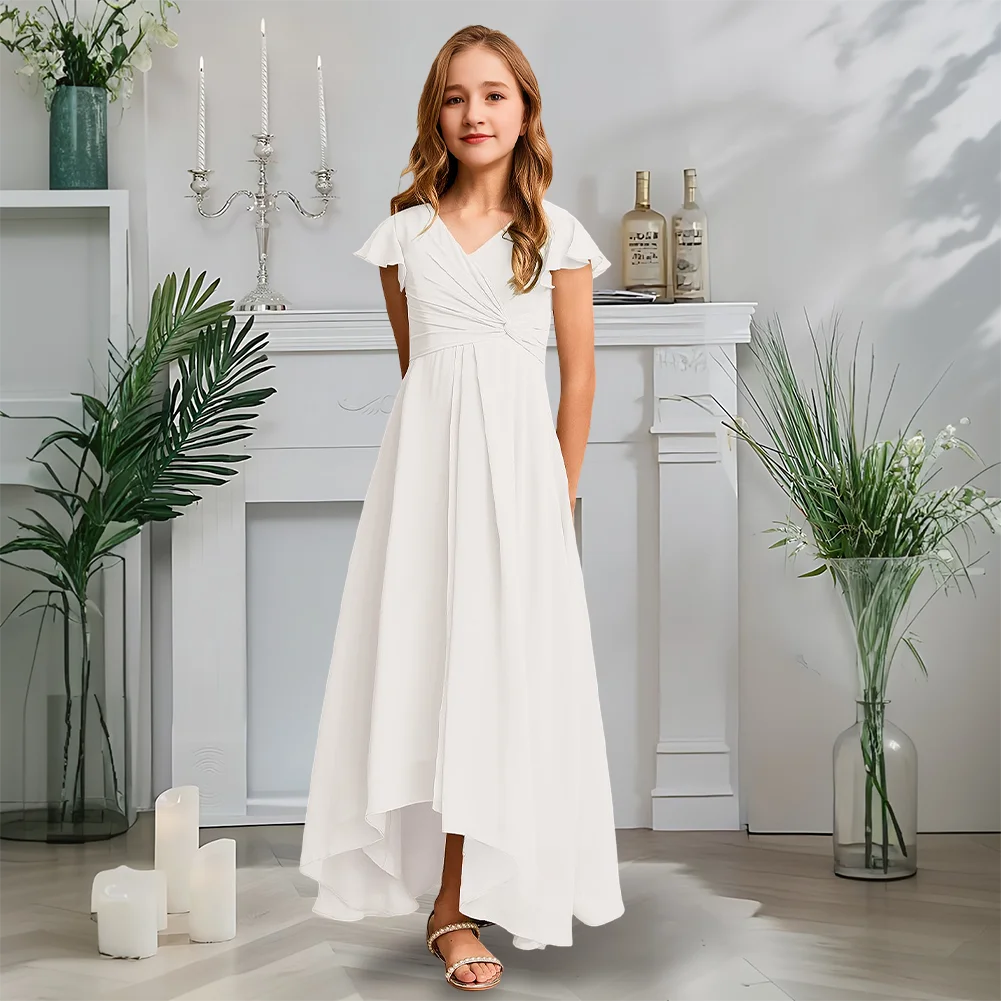 Gaun Pengiring Pengantin Junior Kerah V Gaun Gadis Bunga Celadon Berkabut Gaun Anak-anak Asimetris Sifon A-Line Pesta Pernikahan Soiree Musim Semi