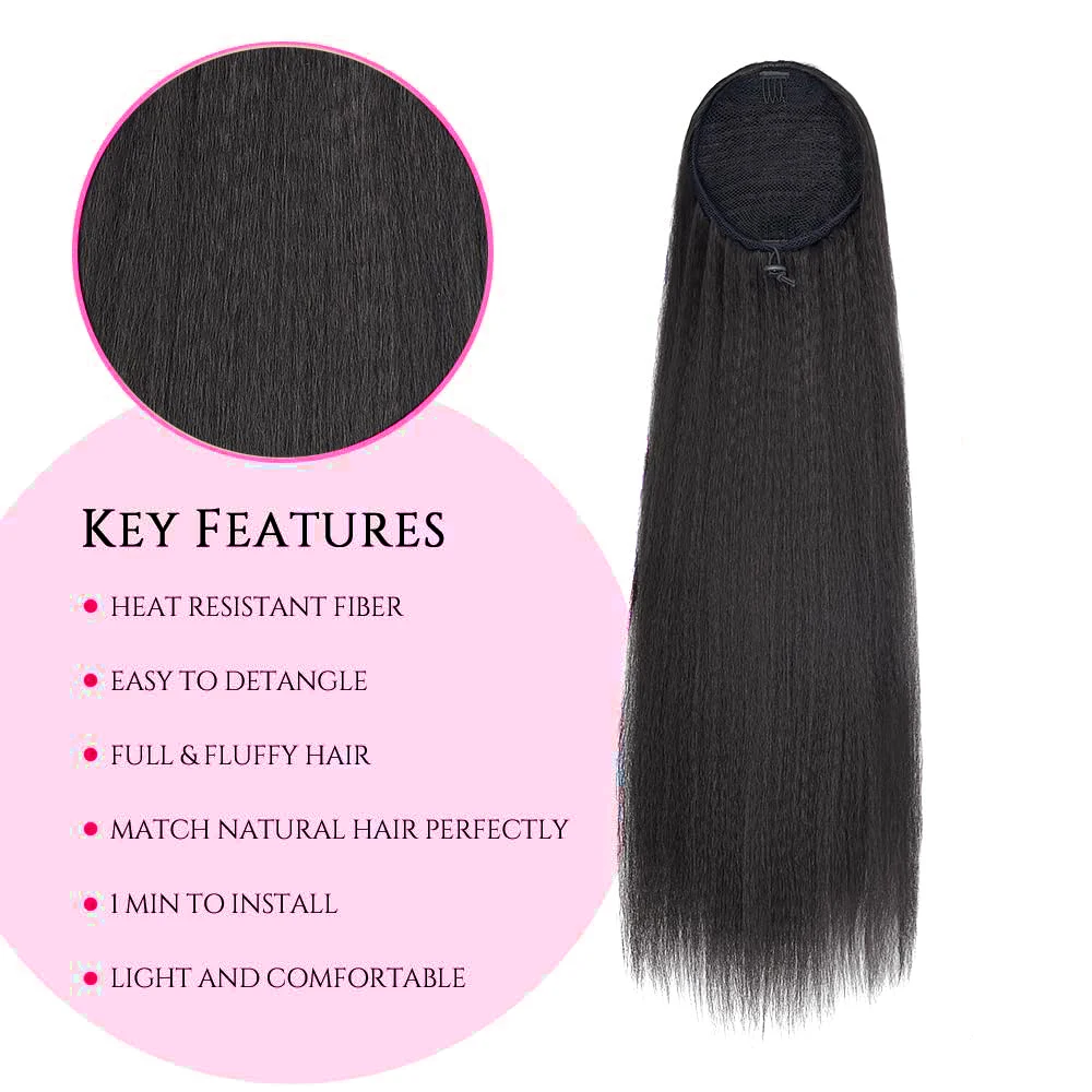 Kinky Straight Ponytail Human Hair Extension 100% Real Hair Wrap Around Drawstring In Ponytail Natural Black 1b 100g For Women