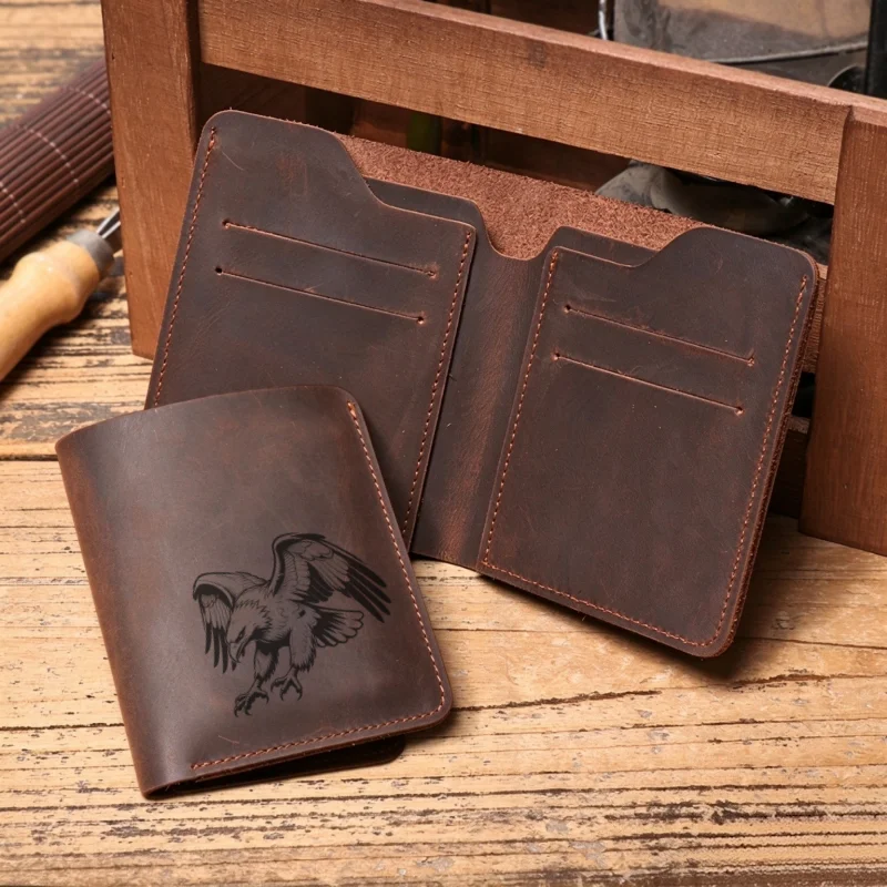 Men Bifold Wallet Eagle Pattern Handcrafted Top-Grain Crazy Horse Cowhide Leather Vintage Retro Christmas Gift for Him