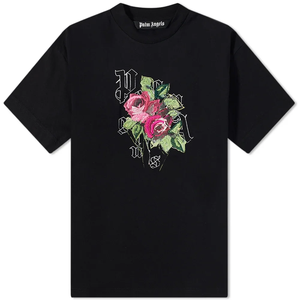 Rose Printed American Short Sleeve T-Shirt Couple's Half Sleeve Tops Men's and Women's Street