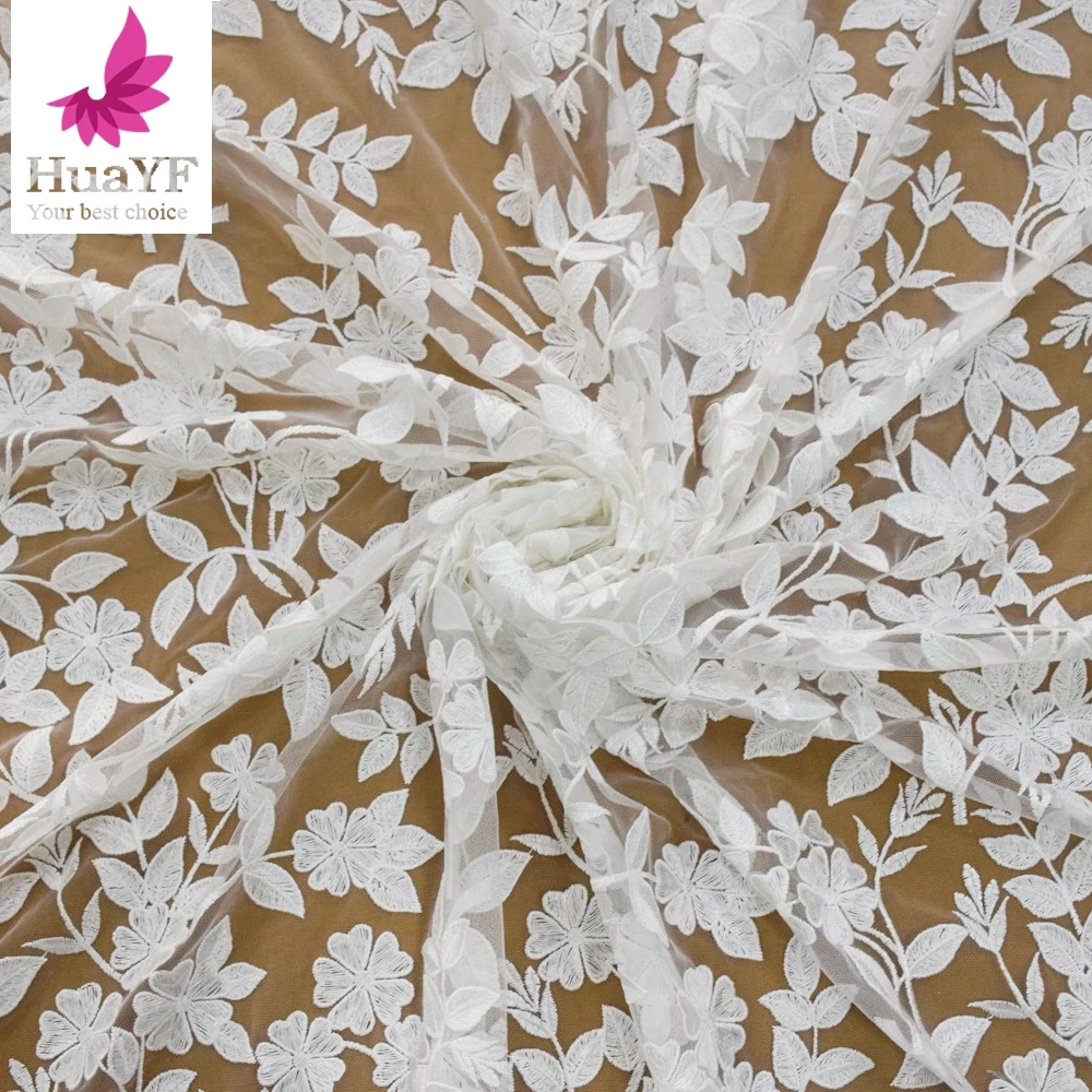 1 Yard Popular Design French White Leaf Embroidery Bridal Wedding Mesh Lace Dress Fabric HY1590-2