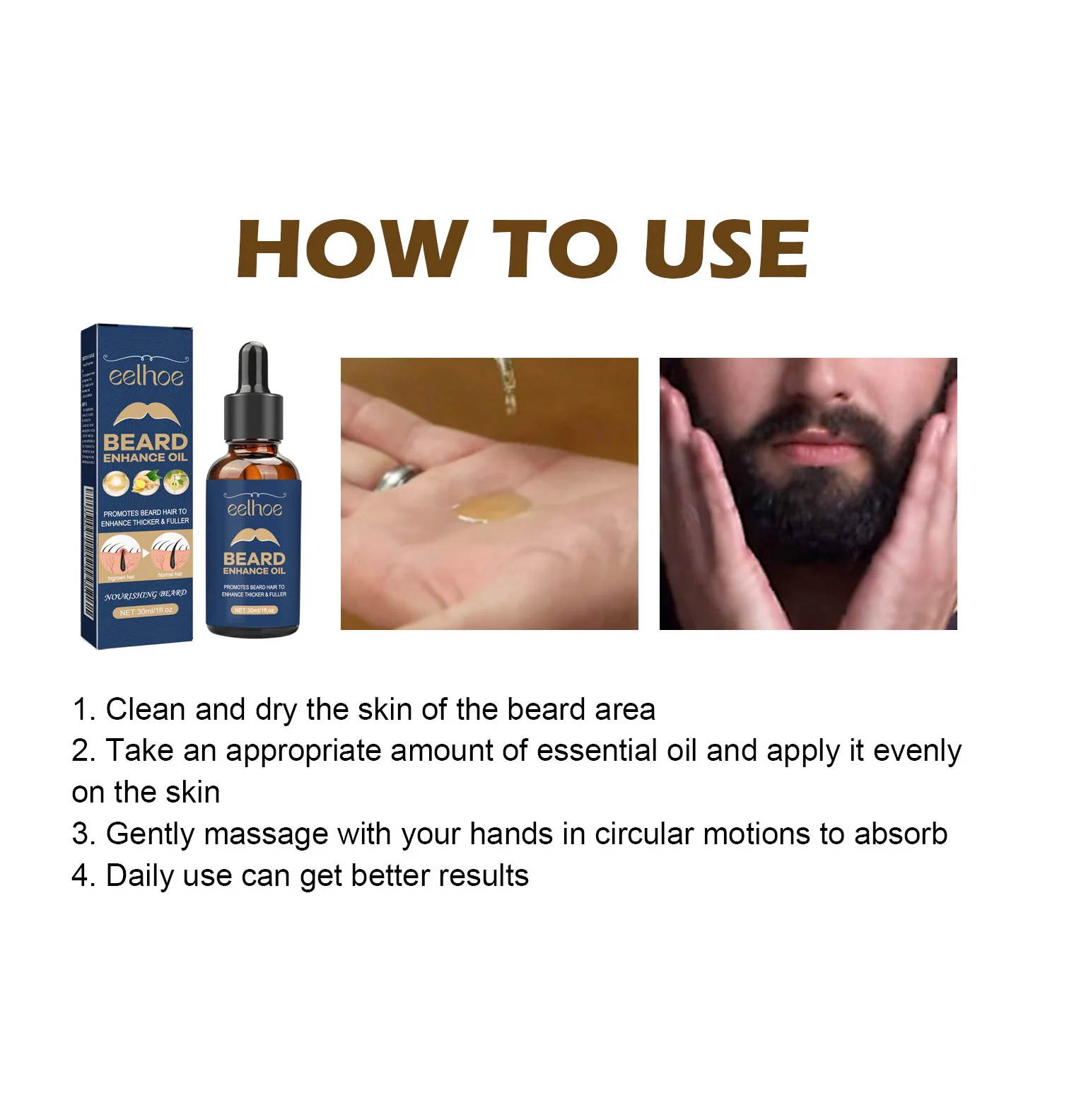 30ml Eelhoe Olio per barba organico Attivatore dei follicoli Radici forti Crescita nutriente Essenza per capelli densa Idratante Brillante morbido Toelettatura
