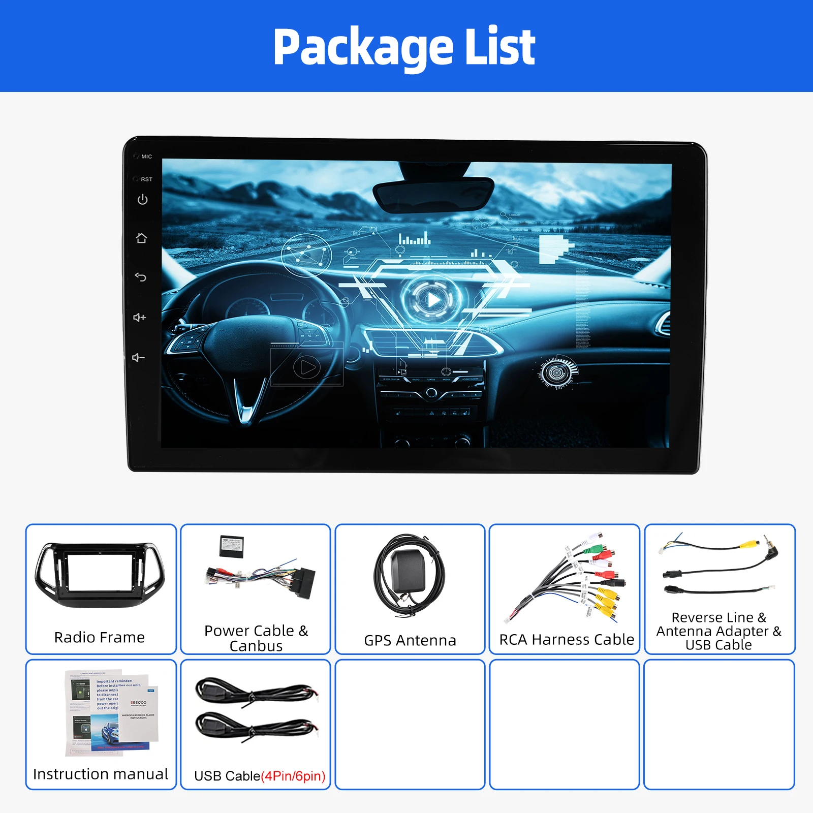 Autoradio ESSGOO Android 15 10 Zoll 4+64G/6+128G für Jeep Compass 2017-2020 Drahtloses CarPlay Android Auto GPS Navigation Bluetooth WiFi RDS Lenkradsteuerung Mirror Link Touchscreen – Detail 20