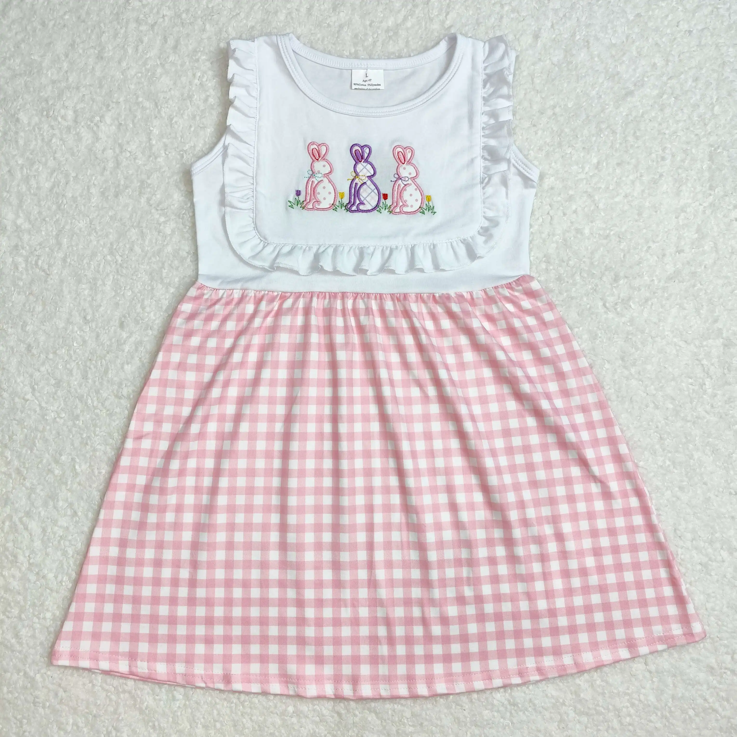 3.04 GSD1696 Kids Easter Clothes Short Sleeve Embroidery Bunny Print Pink Dress Girls Boutique Clothing