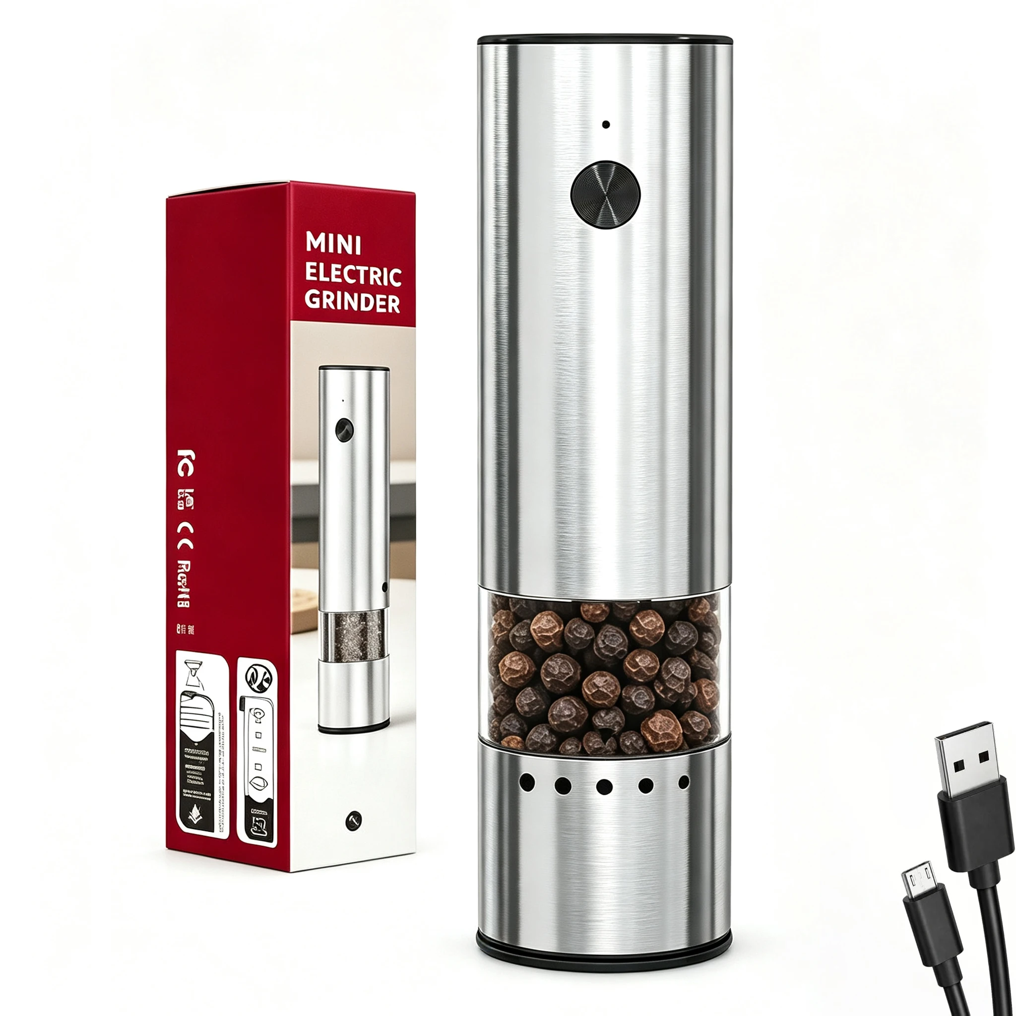 Molinillo eléctrico de sal y pimienta de acero inoxidable, 30 ml (1.39 €/ml)