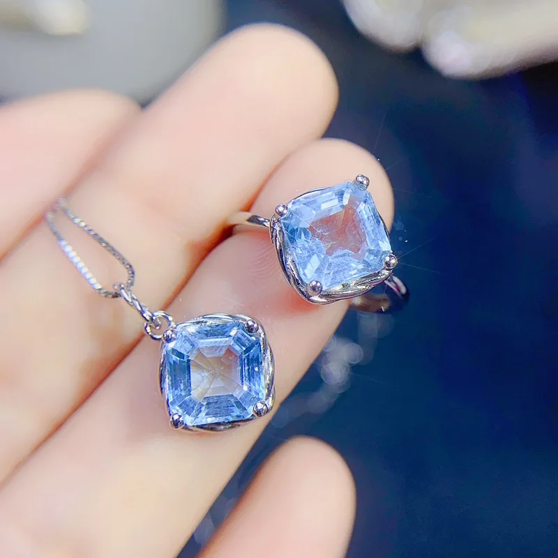 925 sterling silver natural 8x8mm blue Topaz gemstone women's fresh ring pendant necklace 3 sets girlfriend birthday party  Gift