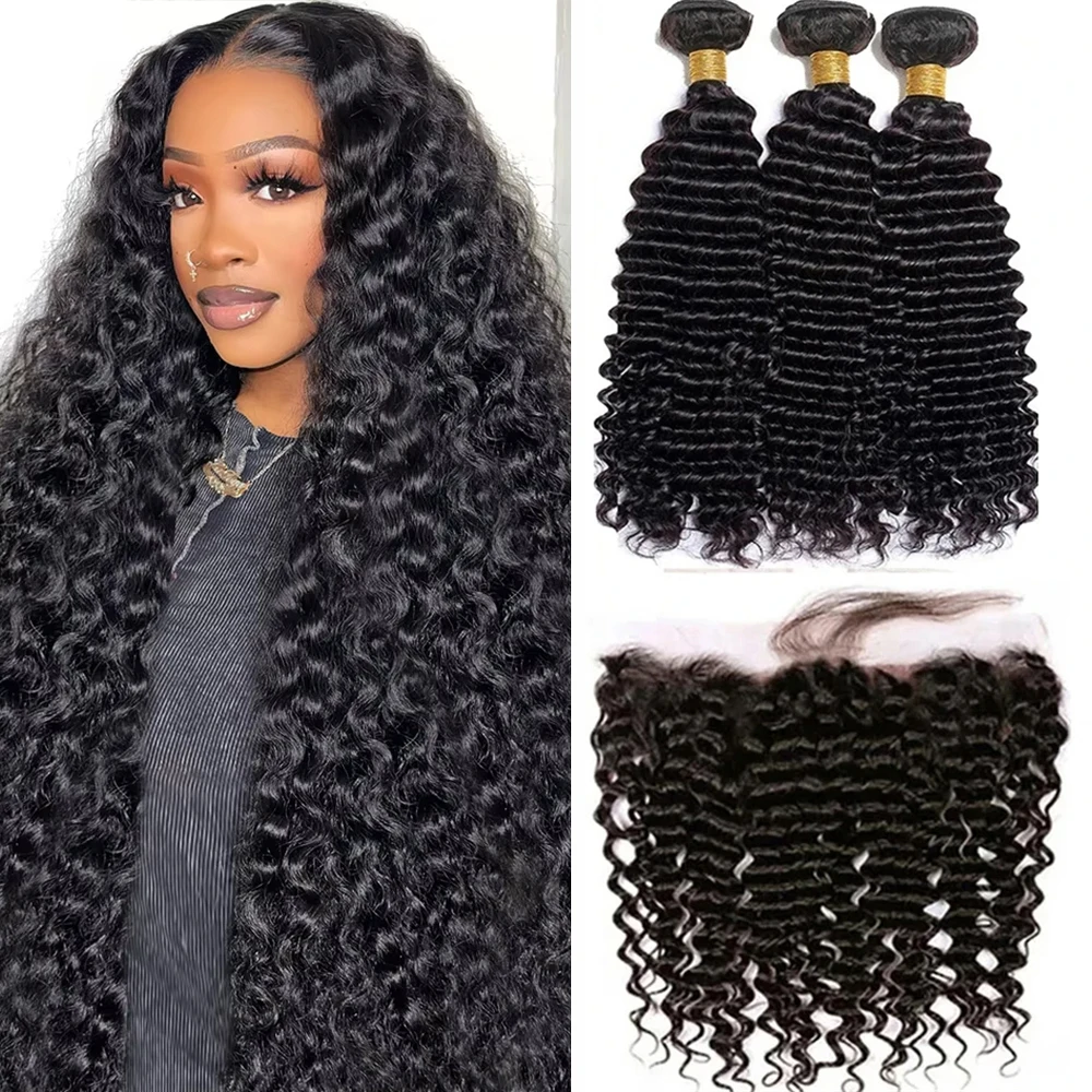 

Deep Water Wave Bundles With Frontal 100% Unprocessed Raw Human Hair Vietnamese Full And Thick 3 Bundles With 13x4 Lace Frontal