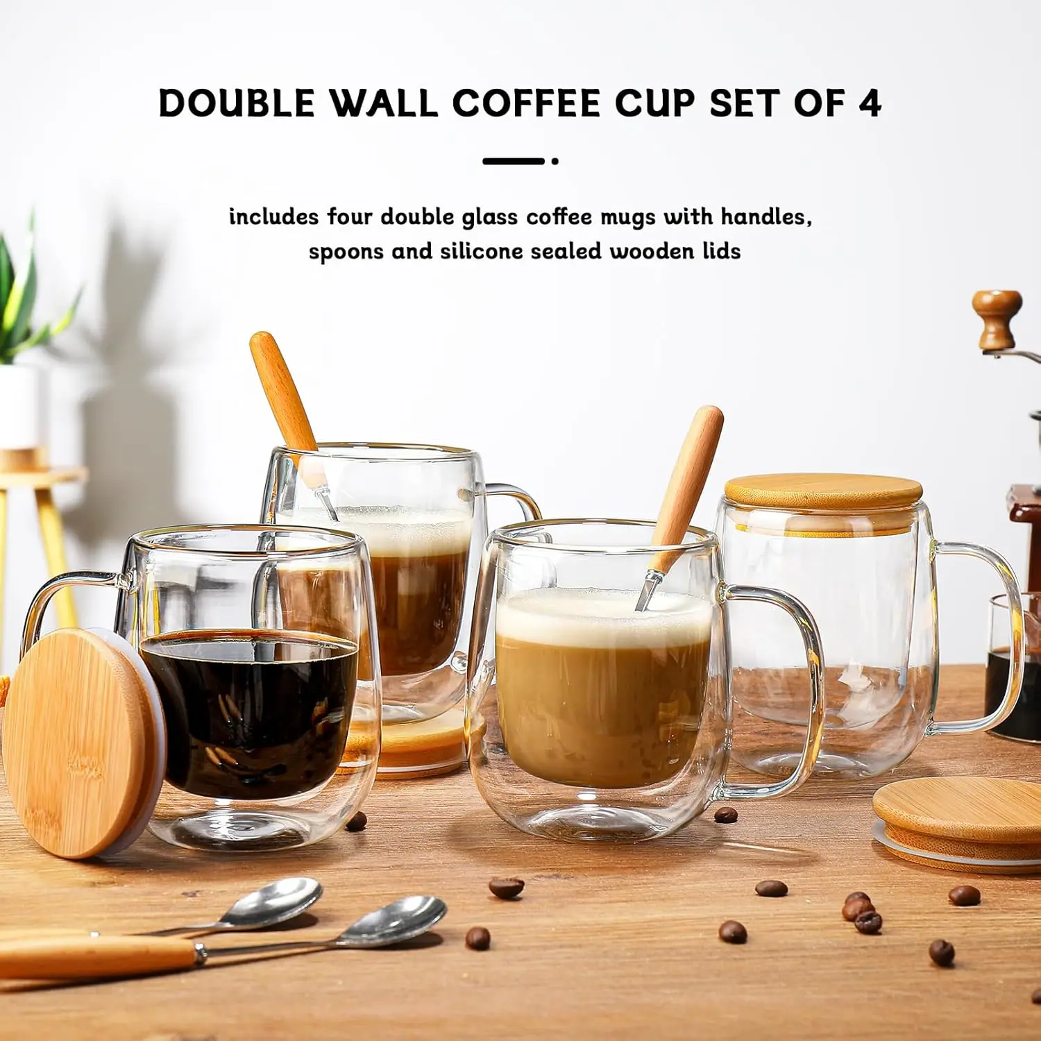 

4 Sets Mugs 350ml/12 oz Glass Espresso Cup with Lids Spoon -Double Wall Insulated Clear Coffee Mugs With Handle Design