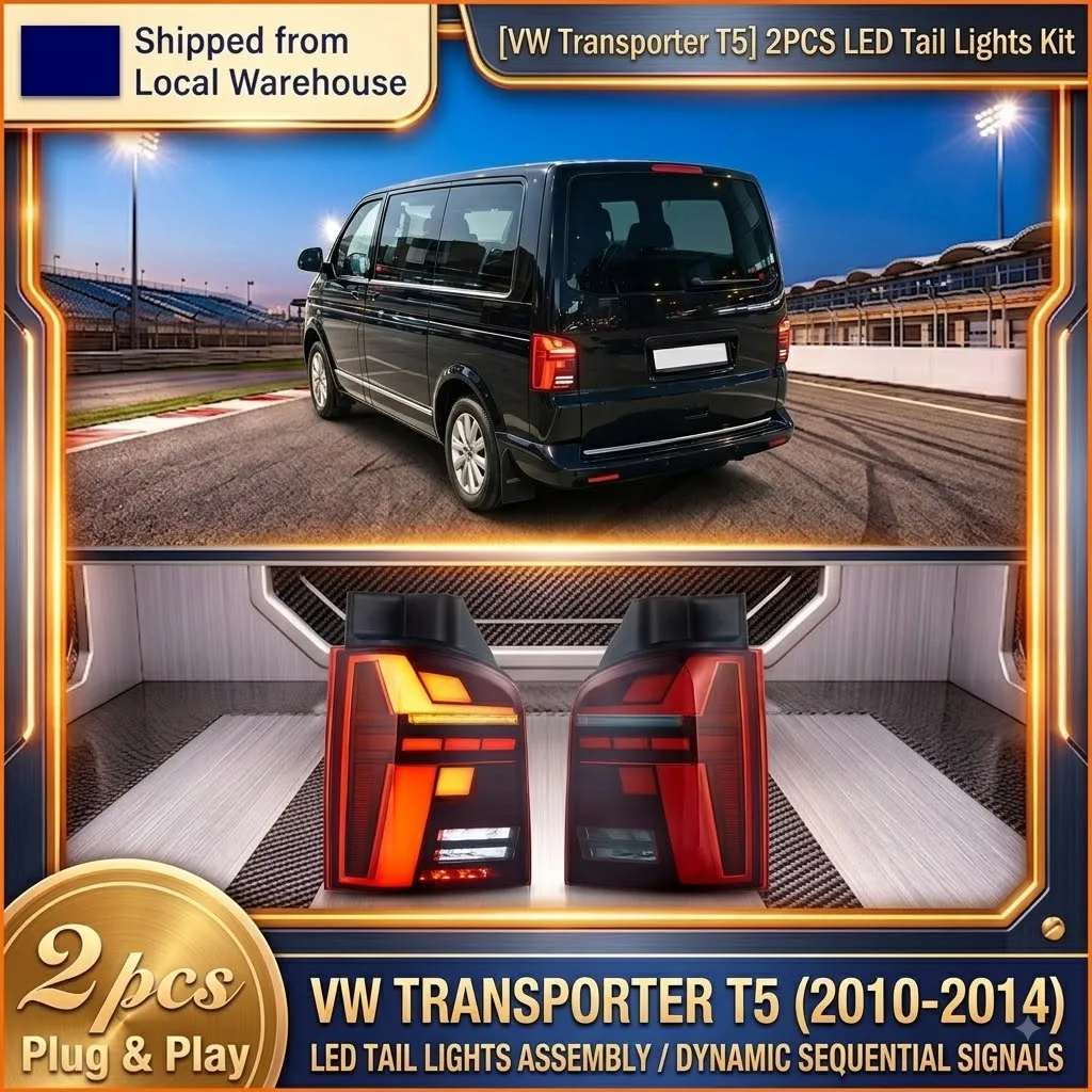 2 Stück LED-Rückleuchten-Set für VW Transporter Multivan Caravelle T5 2010-2014, E-geprüfte Rückleuchte, dynamischer sequenzieller Blinker, Bremslicht, Rückfahrlicht, DRL, direkter Ersatz,
