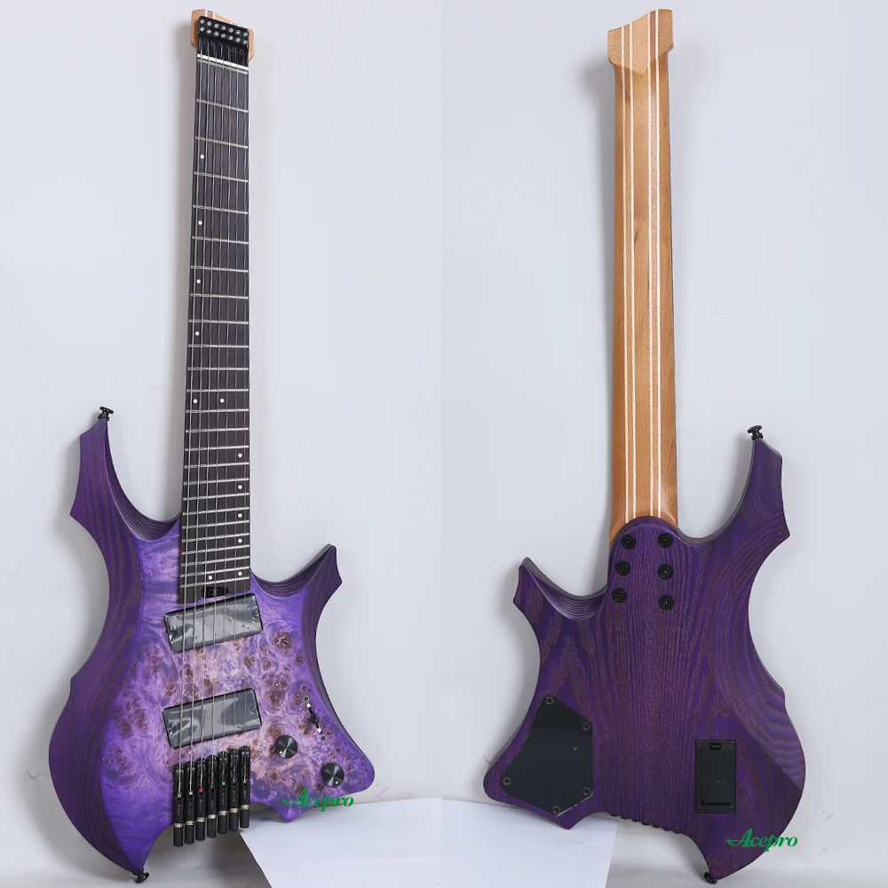 Acepro 7 String Purple Headless Electric Guitar Fanned Frets Active Pickups 9 Piece Roasted Maple Neck Jumbo Stainless Steel