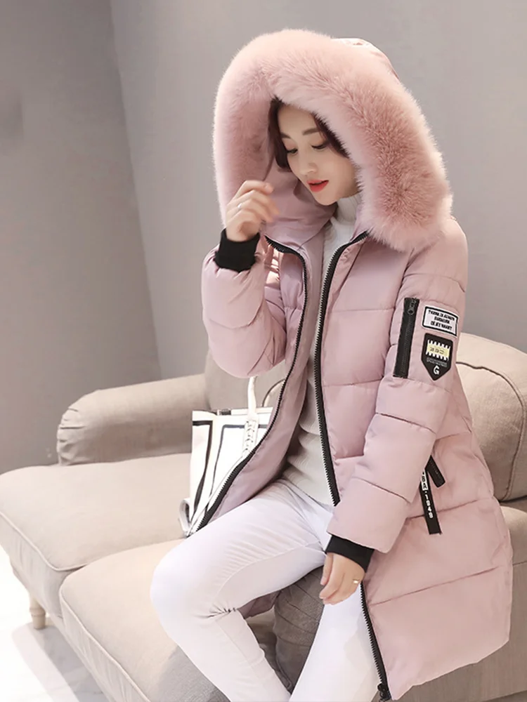 Kobiety Zimowy futrzany kołnierz Parka z kapturem Moda Litera Naszywka Kieszenie na zamek błyskawiczny Długa kurtka Eleganckie, smukłe, ciepłe, grube płaszcze damskie