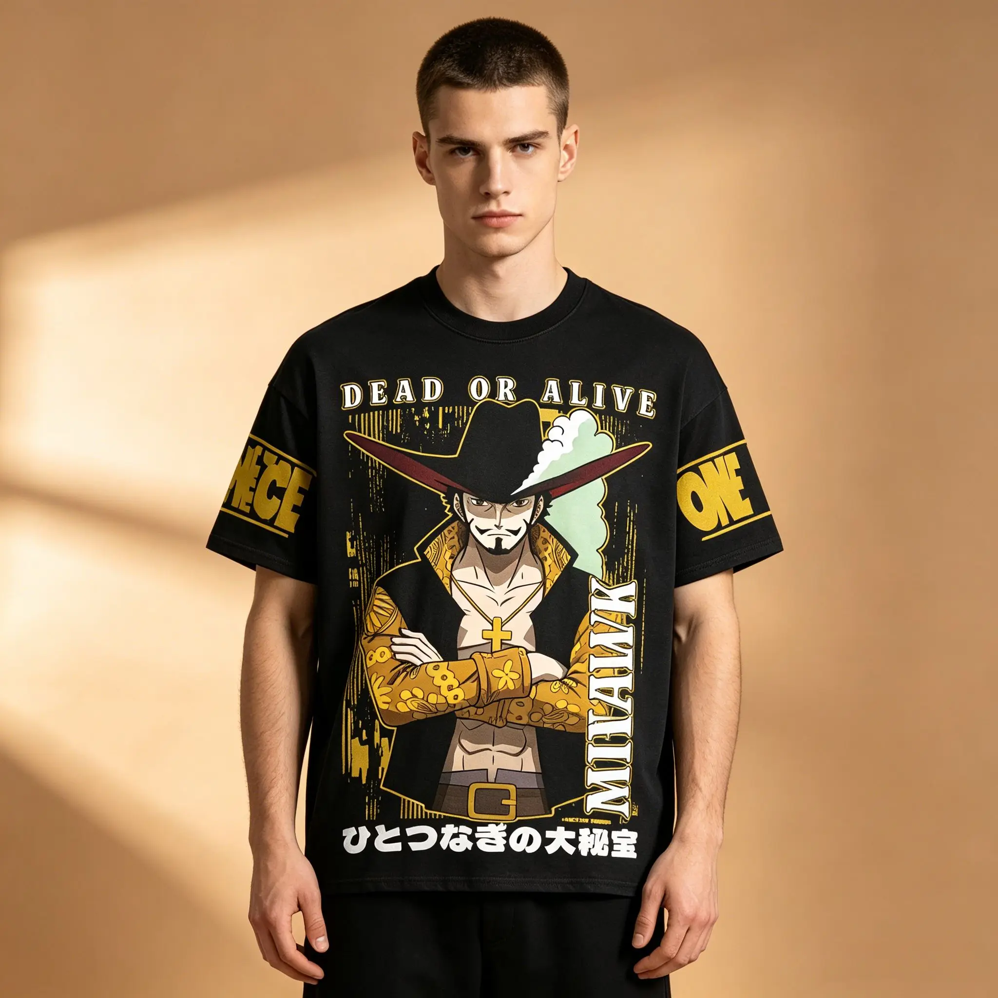 Herren Anime Grafik T-Shirt, einfarbig Schwarz, One Piece Dracule Mihawk Wanted Poster Print Ärmel, ONE PIECE Schriftzug, weich, atmungsaktiv
