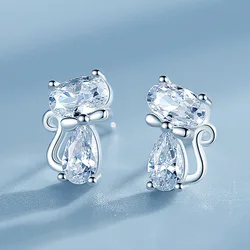 Krean Cute Crystal Zircon Cat Stud Earrings For Women Girl Dainty Fashion Bridal Wedding Earrings Party Jewelry Anniversary Gift