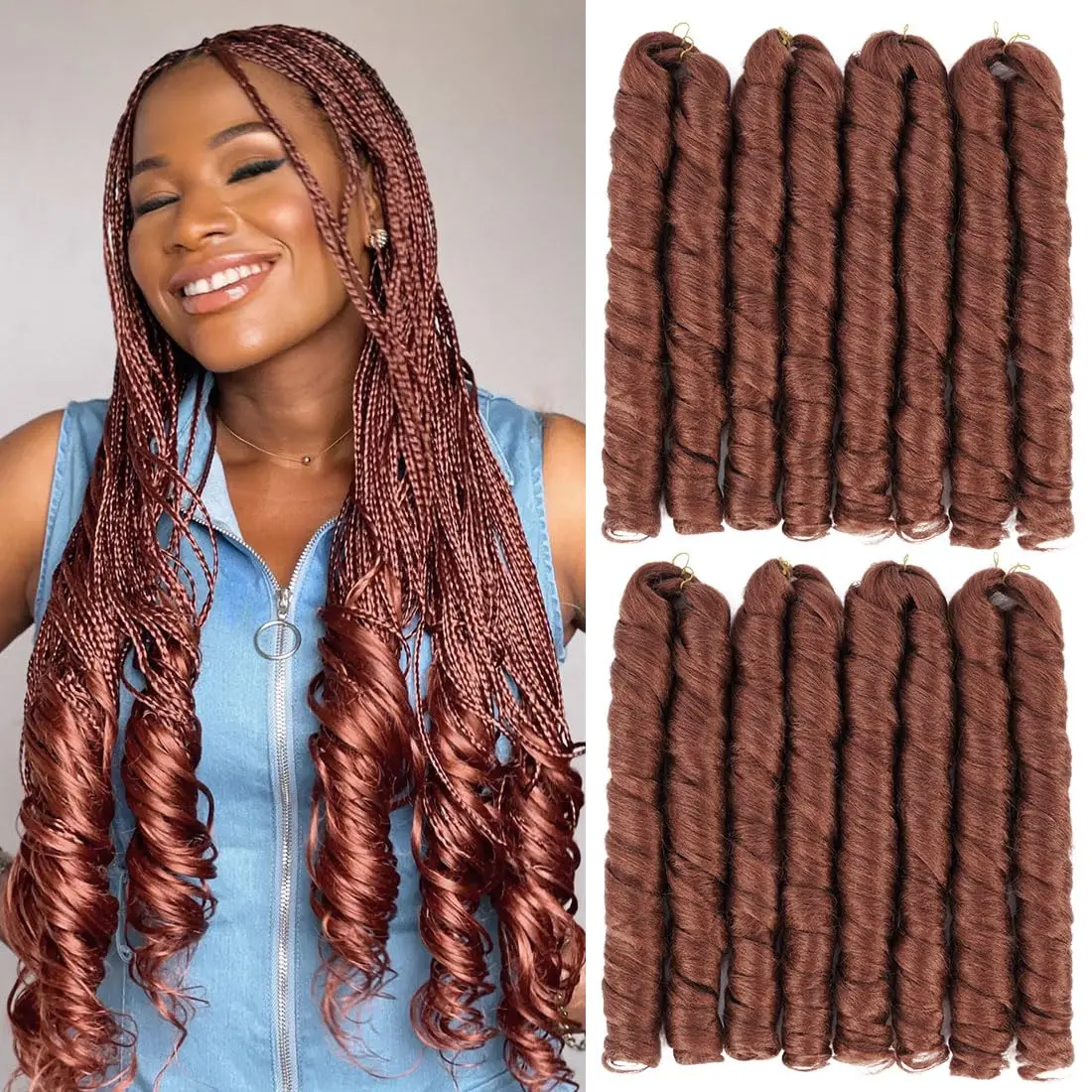 Rizos franceses de 24 pulgadas para mujer, extensiones de cabello trenzado de ganchillo preestirado, trenza de cabello sintético en espiral, onda suelta