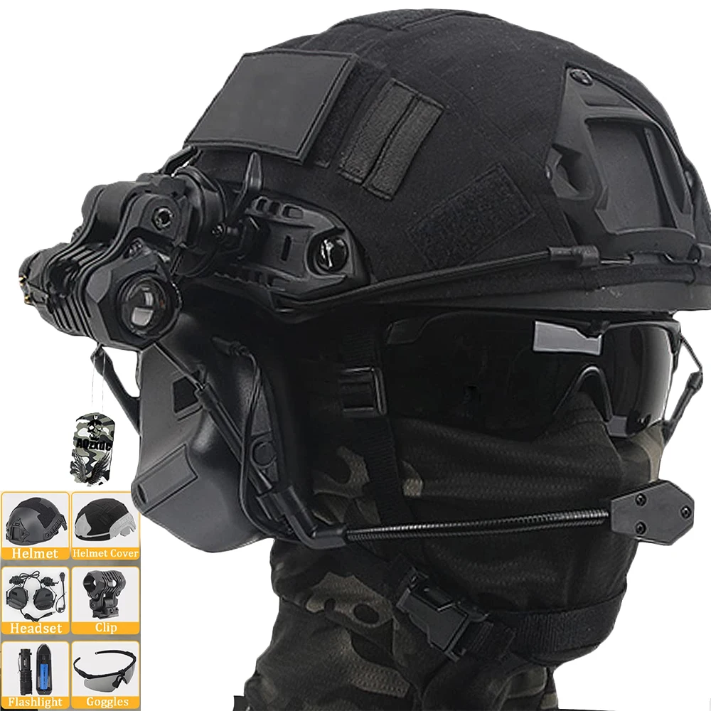 

AQzxdc Airsoft Helmet Set Wiht Headset Goggles Flashlight Tactical Gear Combination for Outdoor CS Paintball Protective Hunting