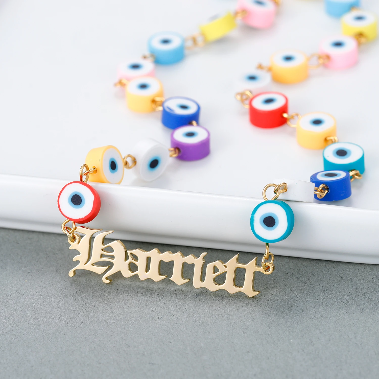 

Colorful Evil Eye Arabic Name Bracelet Custom Turkish Eye Dainty Protection Stainless Steel Daily Jewelry friend Gift For Women